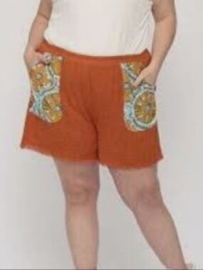 High Elastic Waist Shorts With Contrasting Front And Back Pockets, Frayed Hem XL